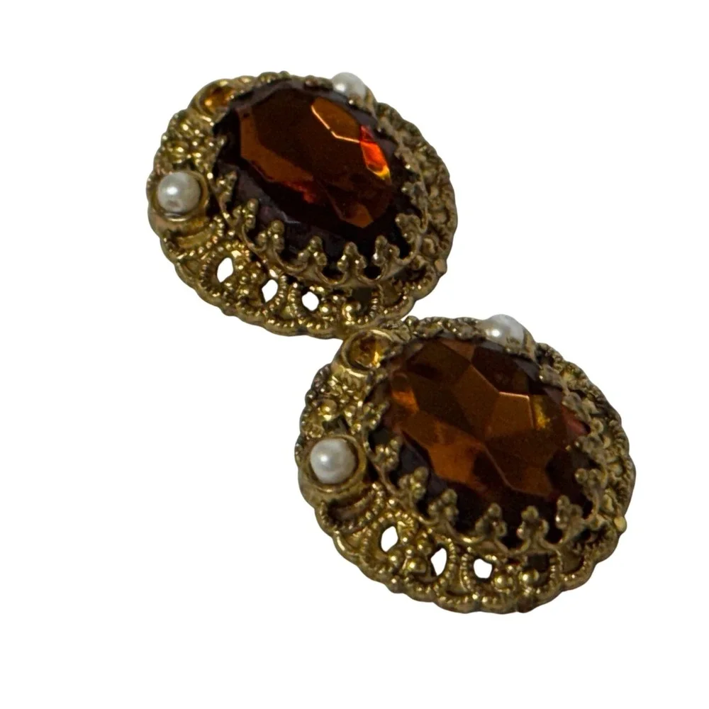 Vintage W Germany Clip On Earrings Brown‎ Jewel Faux Pearl Gold Tone Statement
